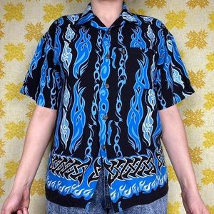 Vintage Y2K black & blue tribal flames button up 🔥